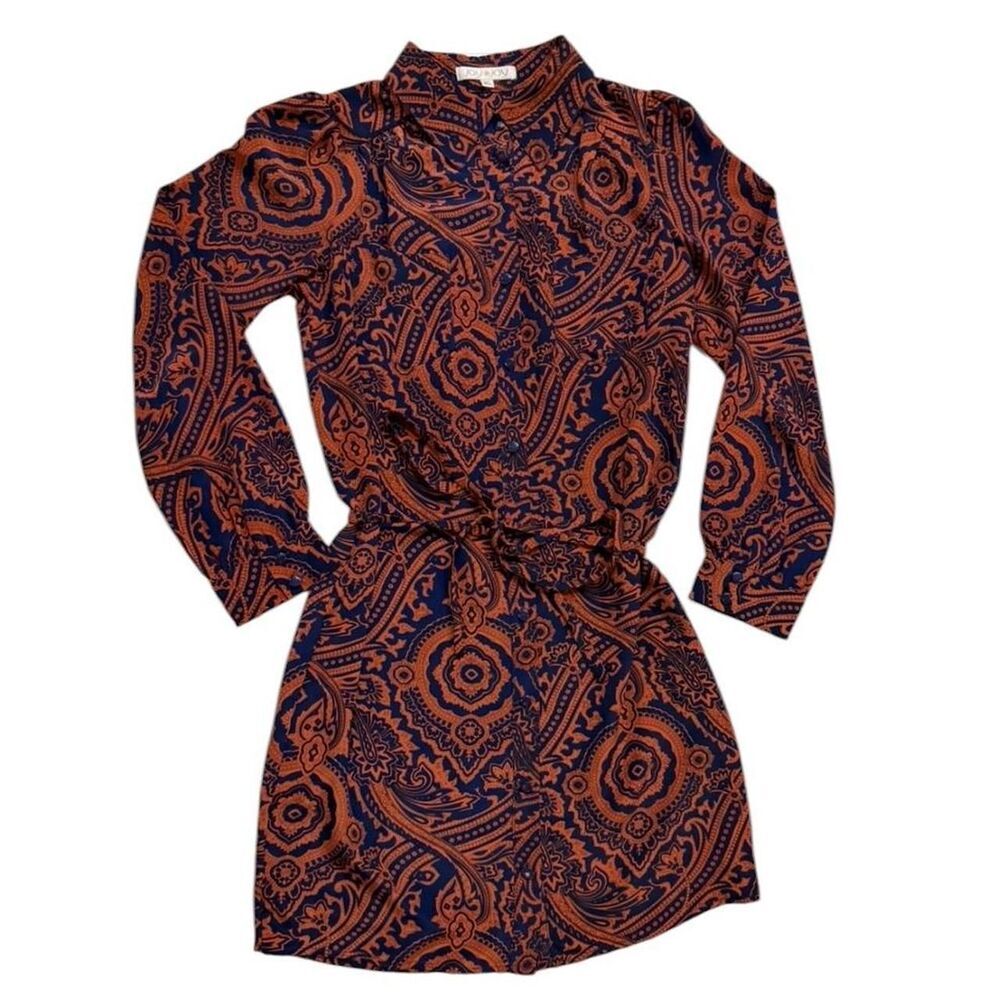 Joy Joy Orange and navy paisley print long sleeve mini dress with tie waist